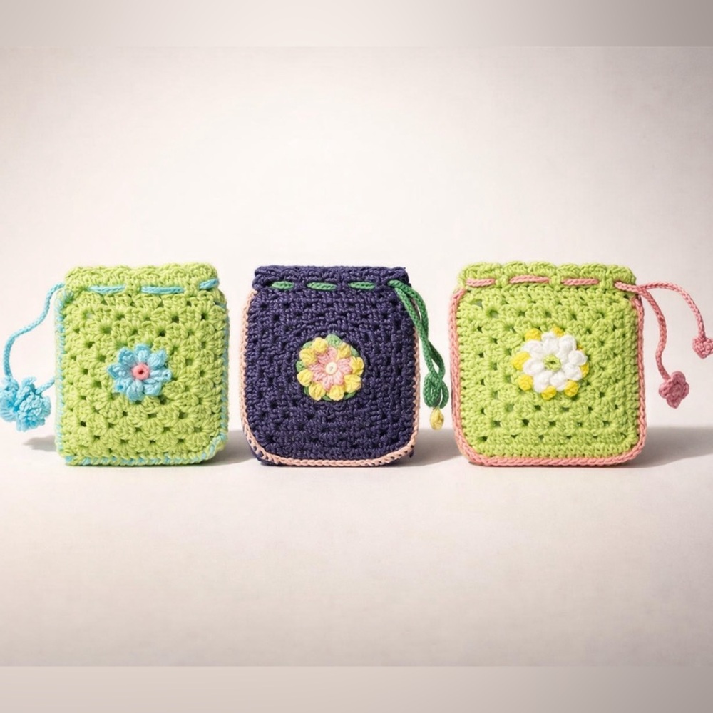 Set of 3 HandmadeCrochet Mini Drawstring Pouches Floral Granny Square Boho Gift